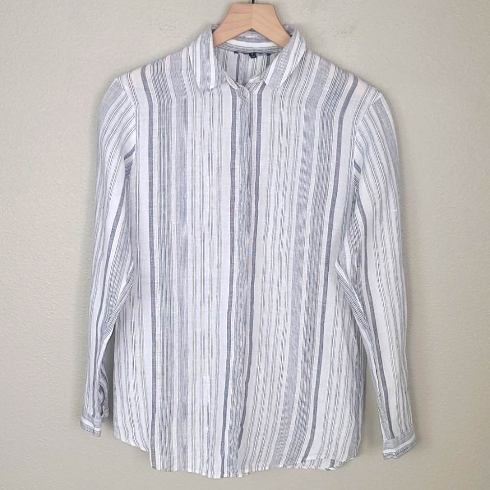 Lafayette 148 New York Striped Linen Button Down Shirt - Picture 1 of 11